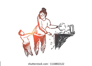 Multitasking woman concept. Hand drawn woman doing many home tasks while taking care of of little son isolated vector illustration. Isolated vector illustration.