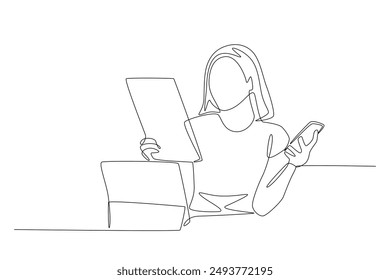 Multitasking woman. Multitasking concept one-line drawing