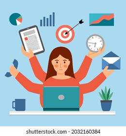 Multitasking woman concept vector illustration. Businesswoman busy working at office. Overworked. Workaholic.