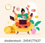 Multitasking woman concept. Young girl sitting with many of heads. Time management and efficient work process organization. Freelancer and remoteworker housewife. Cartoon flat vector illustration