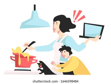 Multitasking woman, cooking and doing business tasks, caring for child vector. Modern busy housewife in stress, female character stressing at kitchen. Tiredness and overload at home and work
