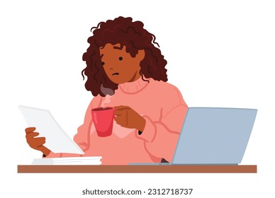 Multitasking Woman Enjoys Quiet Moment As She Reads The Paper And Sips Coffee At Her Desk, Accompanied By Her Trusty Laptop. African American Female Character Work. Cartoon People Vector Illustration