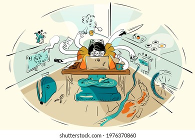 Multitasking woman at home at  laptop, multi-armed mother during quarantine has time for all household chores. Vector Illustration facebook  cover in cartoon style. 