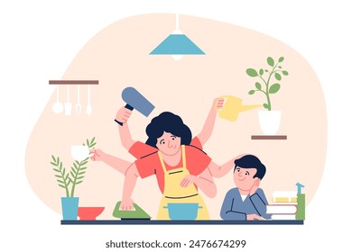 Multitasking woman. Housewife mother with many hands does different deals simultaneously, cooking supporting ironing. Time management recent vector scene