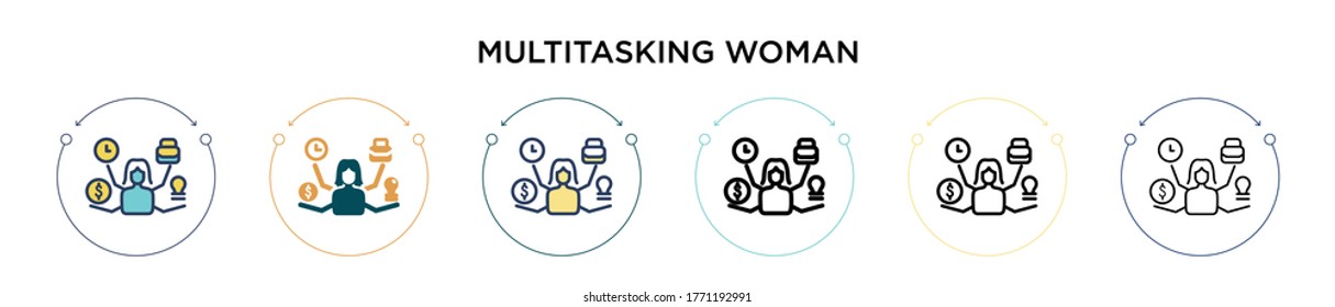 Multitasking woman icon in filled, thin line, outline and stroke style. Vector illustration of two colored and black multitasking woman vector icons designs can be used for mobile, ui, web