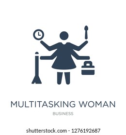 multitasking woman icon vector on white background, multitasking woman trendy filled icons from Business collection, multitasking woman vector illustration