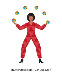 Multitasking woman, juggling with balls in the air. Isolated. Vector illustration.