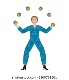 Multitasking woman, juggling with balls, dressed in clothes with puzzle pieces. Isolated on white. Vector illustration.