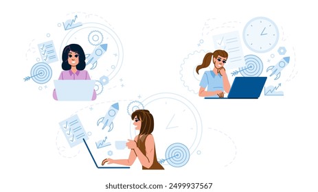 multitasking woman laptop planning vector. efficiency technology, career goals, strategy focus multitasking woman laptop planning character. people flat cartoon illustration
