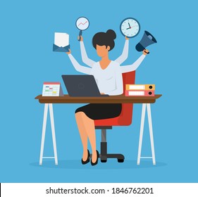 Multitasking woman manager working on laptop at the desktop. Effective management concept and time management. Vector illustration.