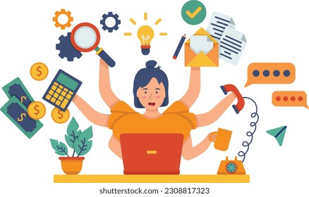 multitasking woman in many task