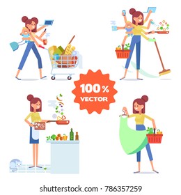 Multitasking Woman. Modern Woman  - Mother With Baby, Working, Cooking And Make A Shopping.  Vector Flat Cartoon Illustration.