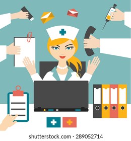 Multitasking Woman Nurse Hard Working. Busy Medical Woman. Flat Design.