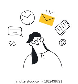 Multitasking woman on her workplace, 
office manager concentrating on emails and lots of other work tasks. Flat line cute vector illustration on white background