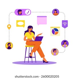 Multitasking woman operating a laptop, engaging in messaging and communication tasks across various virtual networks, symbolizing online connectivity and digital communication.