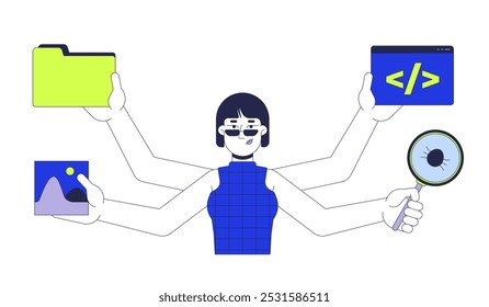 Multitarefa mulher programador 2D personagem de desenho animado. Gerenciando tarefas. Multi mãos coreano mulher codificador computador engenheiro isolado pessoa vetor plano isolado no fundo branco. Ilustração especial colorida