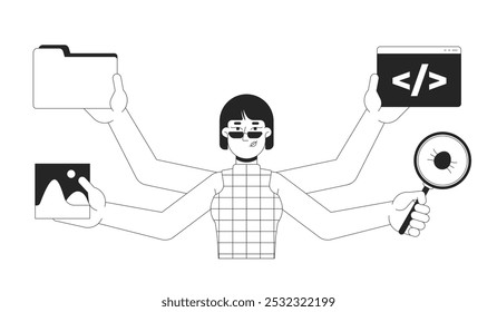 Programadora mulher multitarefa personagem de linha 2D preto e branco. Gerenciando tarefas. Multi mãos coreano mulher codificador computador engenheiro isolado vetor contorno pessoa. Ilustração de ponto monocromático