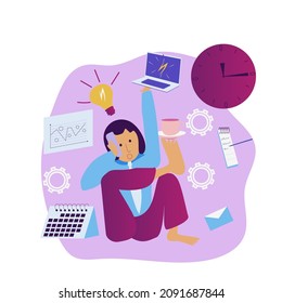 Multitasking woman. Self-management, self regulation learning, self-organization course concept. Vector isolated concept creative illustration