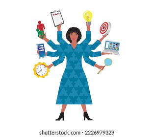 Multitasking woman, Shiva modell with eight arms. Isolated on backgroound. Vector illustration.