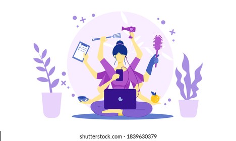 Mujer multitarea sentada con muchos brazos haciendo muchas tareas. La mujer moderna trabaja a partir del concepto del hogar, ilustración vectorial de fondo morado. Mujer de negocios trabajando en casa.