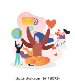 Multitasking woman social media manager holding heart, envelope, sheet of paper, globe, vector illustration. SMM strategy for customer acquisition and business growth.
