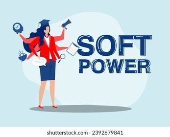 Multitasking woman soft power concept , businesswoman multitask activities with many hands her seft , management  several objects   soft power woman project concept illustration