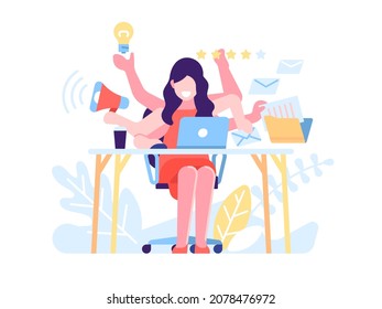 Multitasking woman. Successful business woman performing multiple tasks productive, work efficiency, workaholic secretary workplace, time management vector isolated