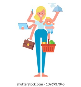 Multitasking woman. Super Mom - mother with baby, working, cooking, cleaning and make a shopping.  Vector flat cartoon illustration. 