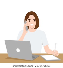Multitasking woman talking on the phone while writing on a tablet and working on a laptop. Flat vector illustration isolated on white background