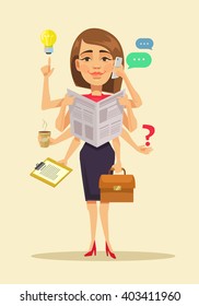 Multitasking Woman. Vector Flat Cartoon Illustration