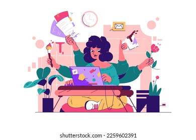 Multitasking Woman vector illustration. Female worker utilizing six hands to manage various tasks such as working on a laptop and painting.