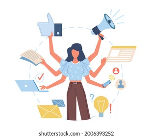 Multitasking woman. Versatile lady effectively decisive multiple cases at same time, hands perform actions, universal worker. Productive work in office, workaholic character vector concept