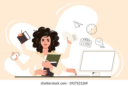 Multitasking woman at work in the office. Businesswoman performs many tasks at the same time at her desk at the computer. Flat vector illustration