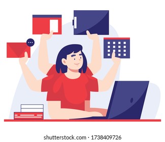 multitasking woman working on a laptop. Flat  Vector illustration