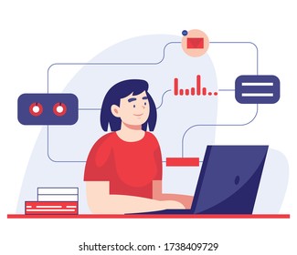multitasking woman working on a laptop. Flat  Vector illustration