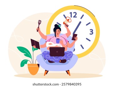 Multitasking woman working. Young girl with many hands and laptop. Career and home chores. Businesswoman and housewife. Overworked employee. Emotional burnout. Flat vector illustration