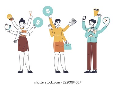 Multitasking women, busy female office workers. Flat productive business lady, professional multitasking characters doing many things flat vector illustration set. Juggle business woman
