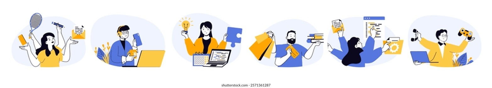 Multitasking work concept set in flat web design. Collection with people doing different tasks in same time, calling, earning, playing and doing projects. Vector illustrations on white background.