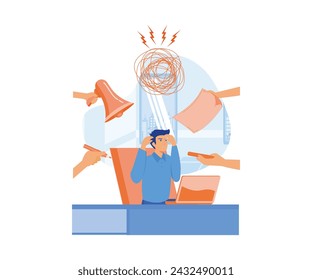 Multitasking Work concept. Time Management Planning and Scheduling Concept. Man in Workplace with Multitasking Work. flat vector modern illustration 