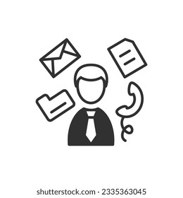 Multitasking work icon, Person in a business suit and the attributes of work, documents, phone, folder, letter. Monochrome black and white icon