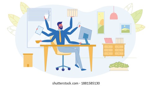 Trabajo multitarea en Office, Empresario Ocupado, Concepto de vectores planos de flujo de trabajo efectivo. Emprendedor exitoso trabajando en muchas tareas a la vez, llamando por teléfono, enviando mensajes por Internet, comiendo ilustraciones