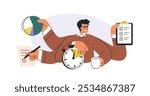 Multitasking work and time management concept. Business man coping with multiple tasks, workflow to meet deadlines. Efficiency and productivity. Flat vector illustration isolated on white background