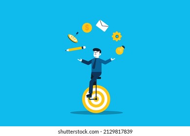 Multitasking work and time management concept, skillful businessman riding unicycle juggling elements.