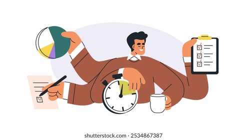 Trabajo multitarea y concepto de gestión del tiempo. Hombre de negocios que hace frente a múltiples tareas, flujo de trabajo para cumplir con los plazos. Eficiencia y productividad. Ilustración vectorial plana aislada sobre fondo blanco