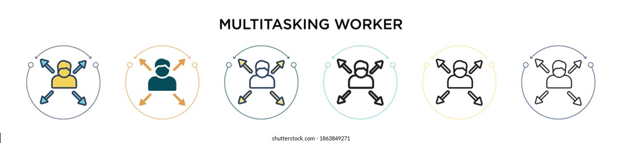 Multitasking worker icon in filled, thin line, outline and stroke style. Vector illustration of two colored and black multitasking worker vector icons designs can be used for mobile, ui, web