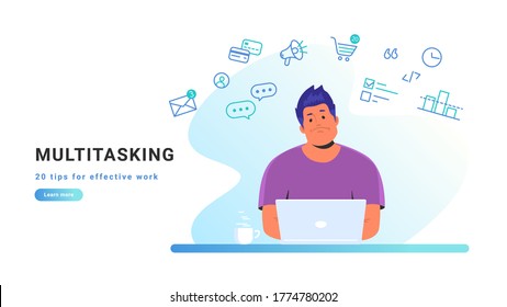 Multitasking and working with laptop at home. Flat line vector illustration of upset man sitting at home with laptop and working remotely. Multi tasking and effective work concept on white background