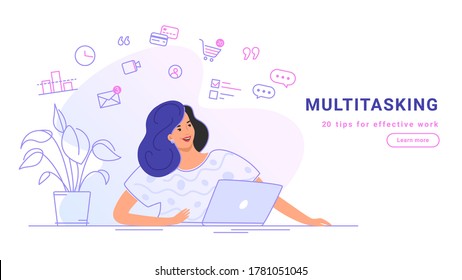 Multitasking and working online with laptop. Flat line vector illustration of casual woman sitting alone with laptop and working remotely. Effective work from home concept isolated on white background