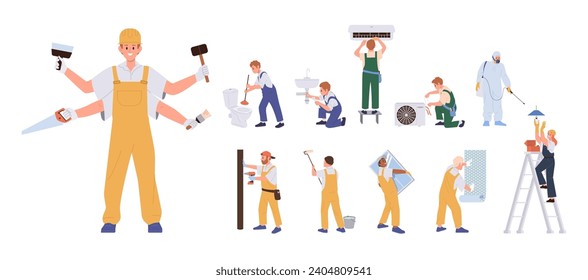 Multitasking workman cartoon characters providing plumbing, renovating and disinfection home service