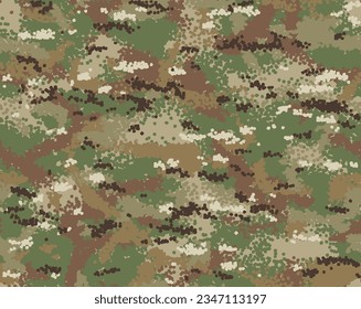 Multi-terrain camouflage seamless pattern incorporating tiny splash dots of dark brown, light brown, olive green, light green, khaki and white.