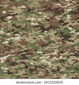 Multi-terrain camouflage seamless pattern incorporating various tiny natural shapes of dark brown, light brown, olive green, light green, khaki and white.